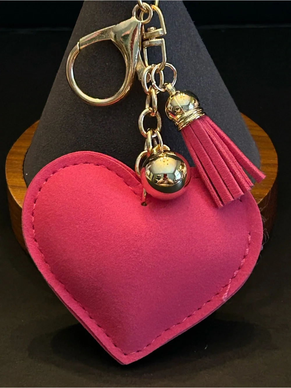 PREMIUM Puffy Hot Pink Crystal Heart 🩷 Bag Charm Keychain w/Tassel & Gold Clasps